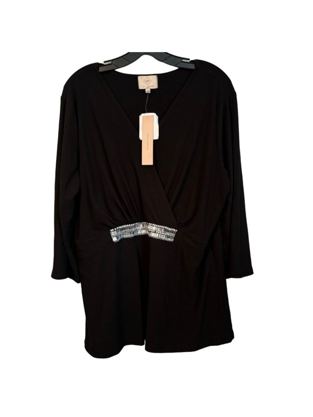 727 Trend Black Top Sequin Belt Accent V-Neck Long Sleeve Size 1X Blouse. NWT